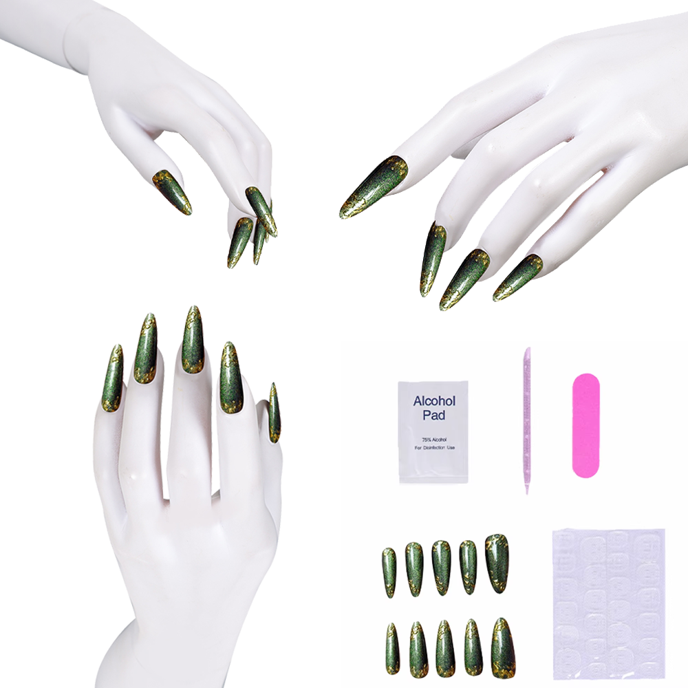 Nail Art Press On - Uñas postizas verdes con detalles dorados
