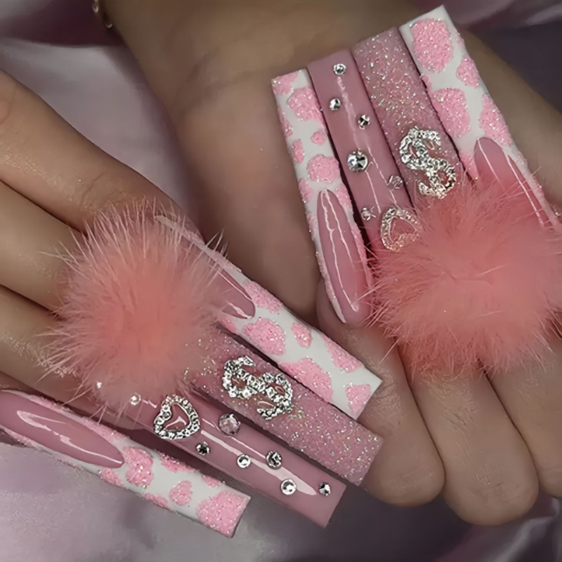 Nail Art Pink - Uñas postizas cuadradas Extra largas, 24